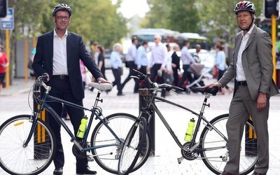 Dutch cycling experts, Arie Vyfhuizen & Martyn te Lintelo in Perth city. Photo by Sharon Smith / The West Australian Newspaper